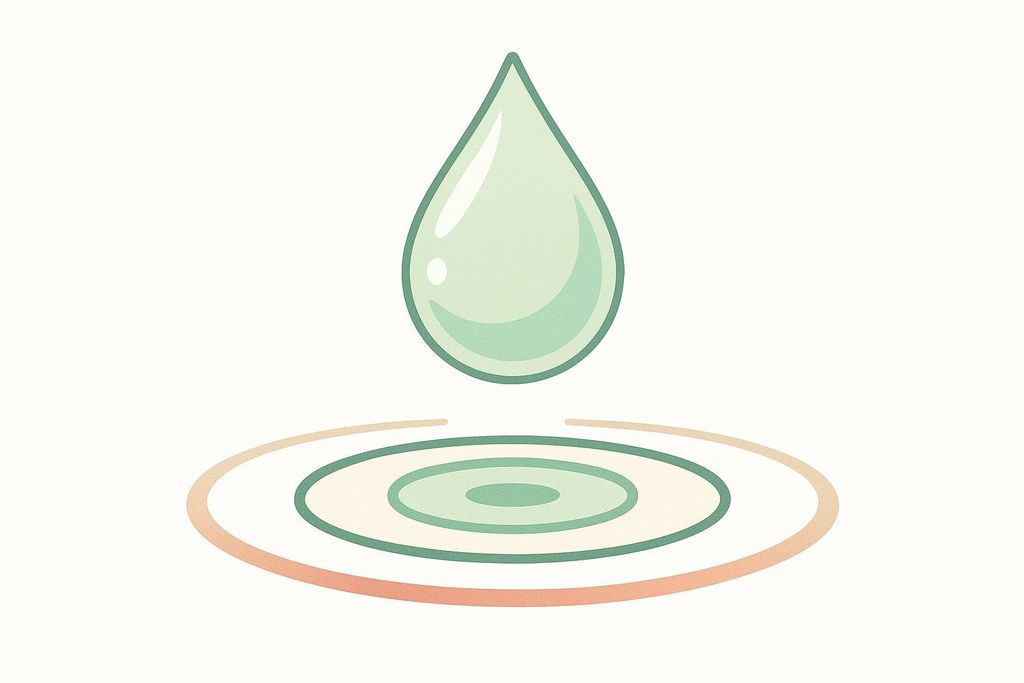 An abstract, minimalist illustration of a light green liquid drop suspended above a surface, creating concentric ripples in shades of green, cream, and faint orange.