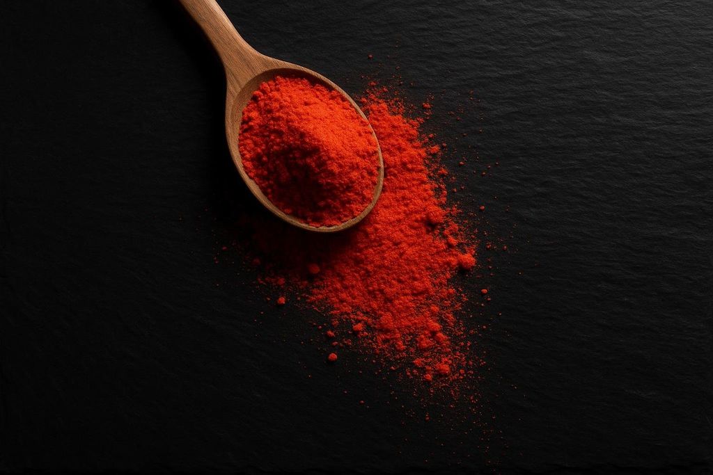 A wooden spoon holds a vibrant red powder, with some of the powder spilled and scattered on a dark, textured surface.