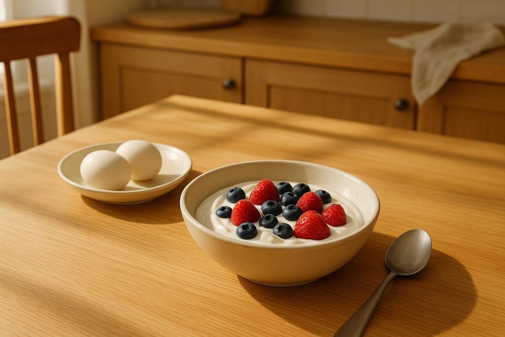 A beige bowl of Greek yogurt topped with fresh blueberries and strawberries sits on a light wooden table next to a plate with two eggs. A spoon rests beside the yogurt, and a kitchen counter is visible in the background.