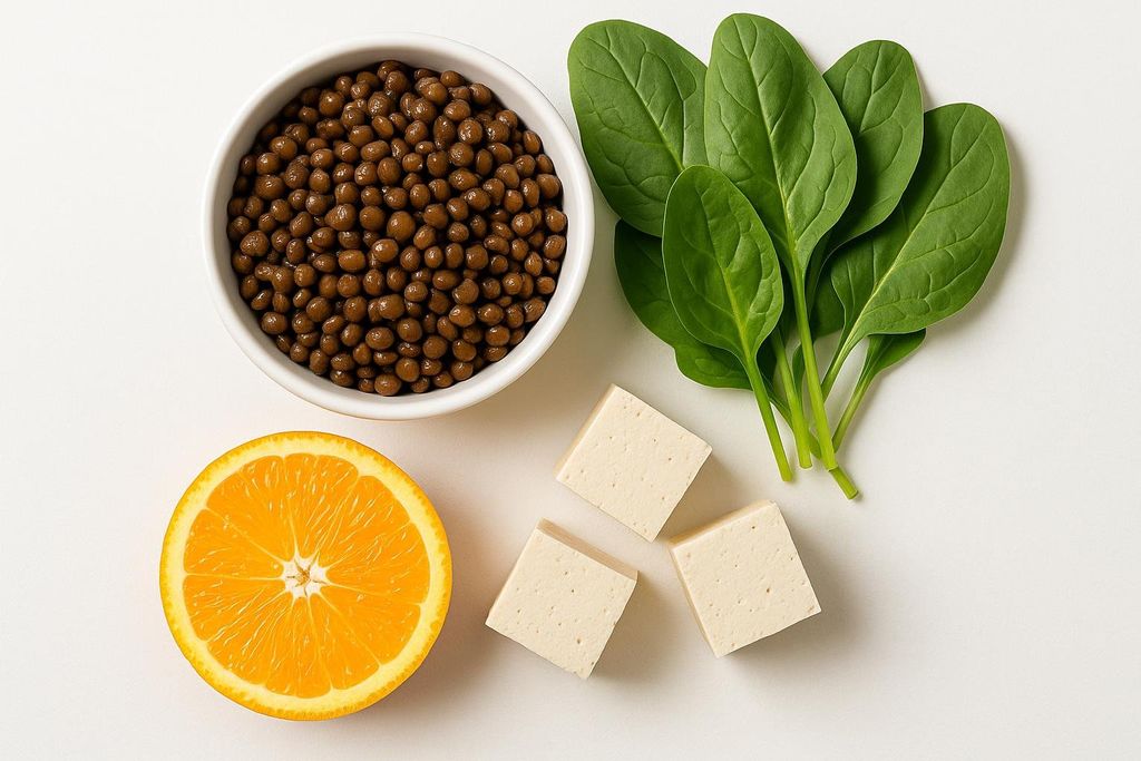 A flat lay image on a white background showing a bowl of brown lentils, fresh green spinach leaves, three cubes of tofu, and a half-slice of an orange. These foods are rich in iron and Vitamin C, beneficial for the follicular phase.