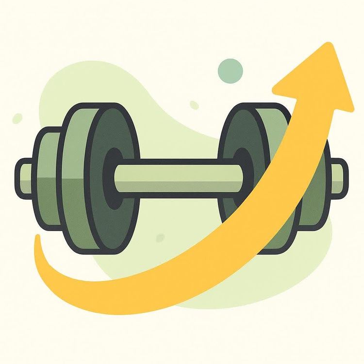 An illustration of a green dumbbell with a large yellow arrow curving upwards around it, symbolizing improvement or progress in fitness.