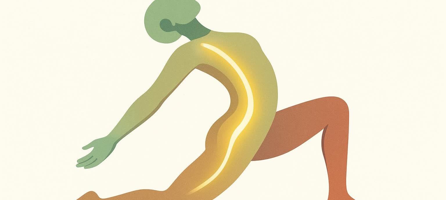 An abstract illustration of a human figure in a stretching pose with a brightly glowing yellow line running down its back and lower torso, representing a connected core or spine.