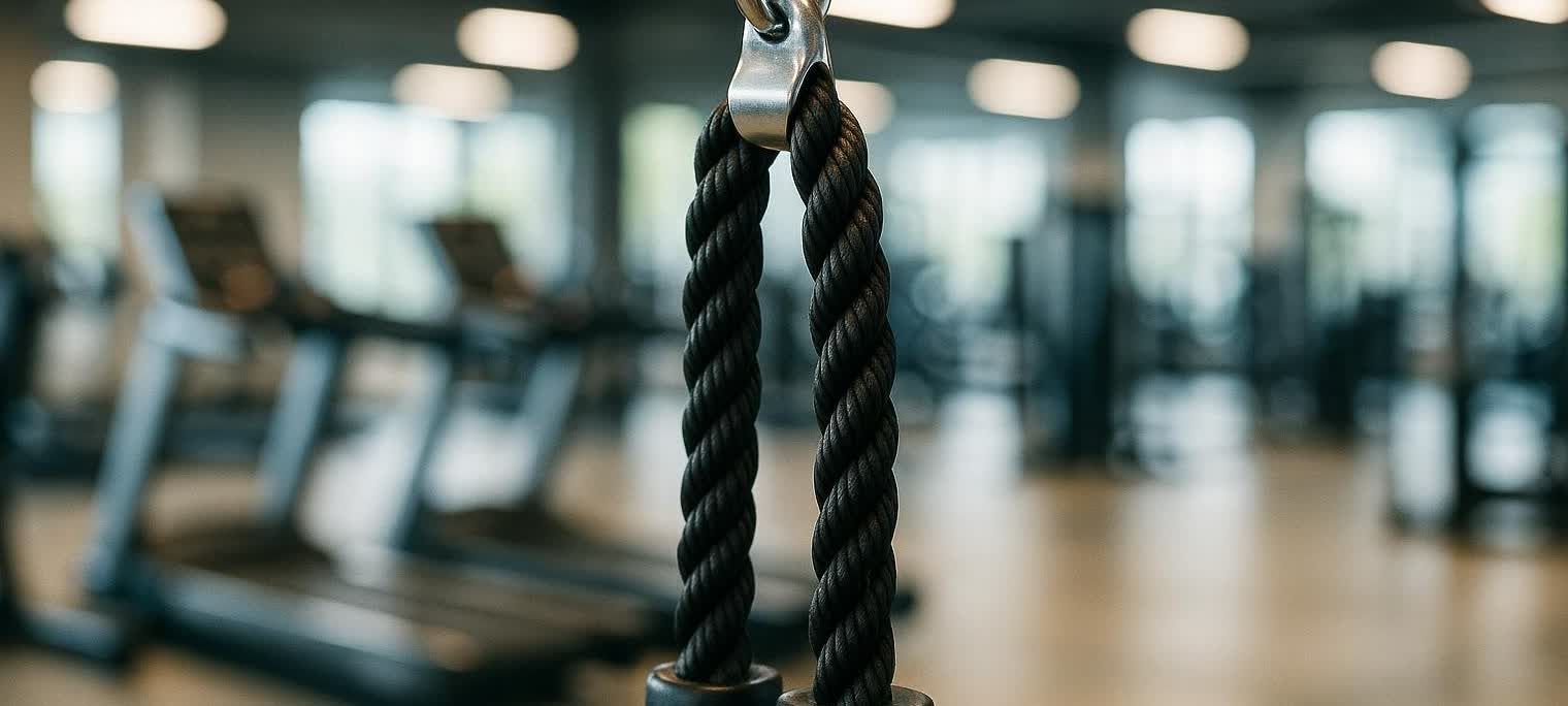 Close-up of a black braided cable rope attachment hanging in a modern gym, with blurred treadmills and windows in the background.