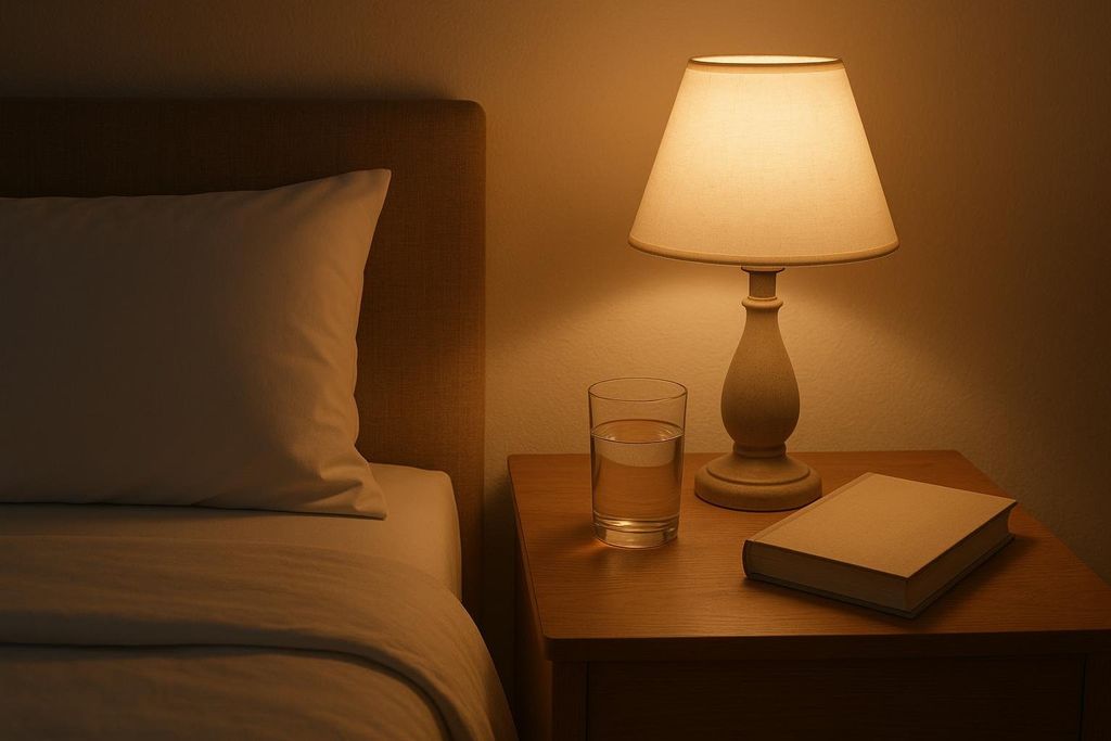 A serene bedside table at night with a glowing lamp, a glass of water, and a closed book next to a bed with a pillow.