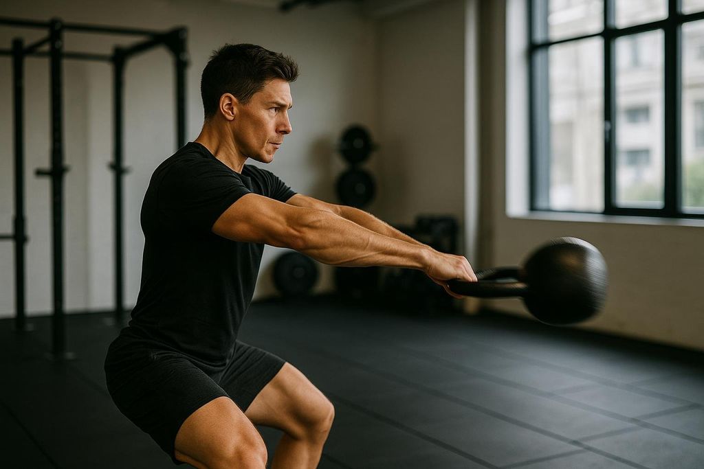 A man in athletic wear performing a kettlebell swing with proper form in a gym, demonstrating an exercise often used in HIIT circuits.