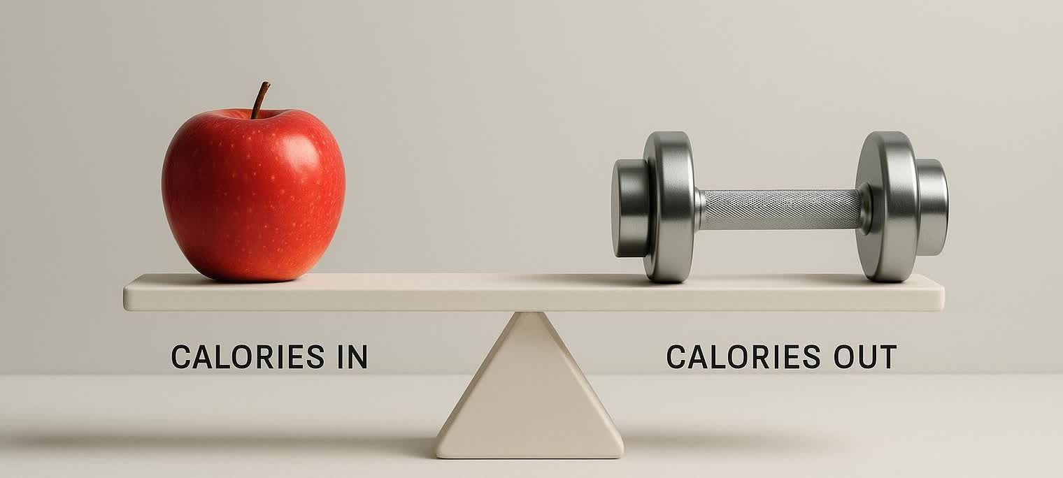 A simple scale perfectly balanced, with an apple on one side labeled 'CALORIES IN' and a dumbbell on the other labeled 'CALORIES OUT'. This image symbolizes the CICO (Calories In, Calories Out) principle of energy balance for weight management.