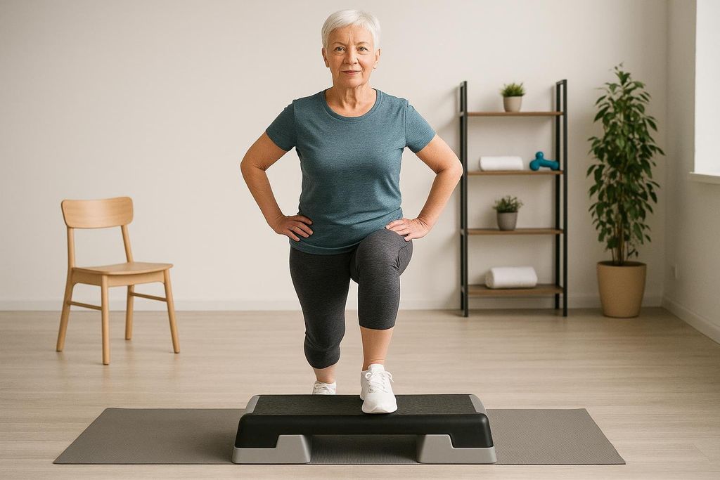 A senior woman in athletic wear performs a step-up exercise on a black aerobic step, looking forward with her hands on her hips, demonstrating a controlled motion in a bright, minimalist room.
