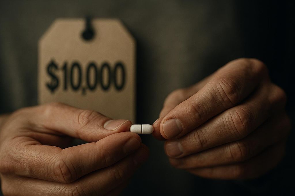 A person holds a single white pill between their fingers, while a blurred price tag in the background displays '$10,000', symbolizing the high cost of medication.