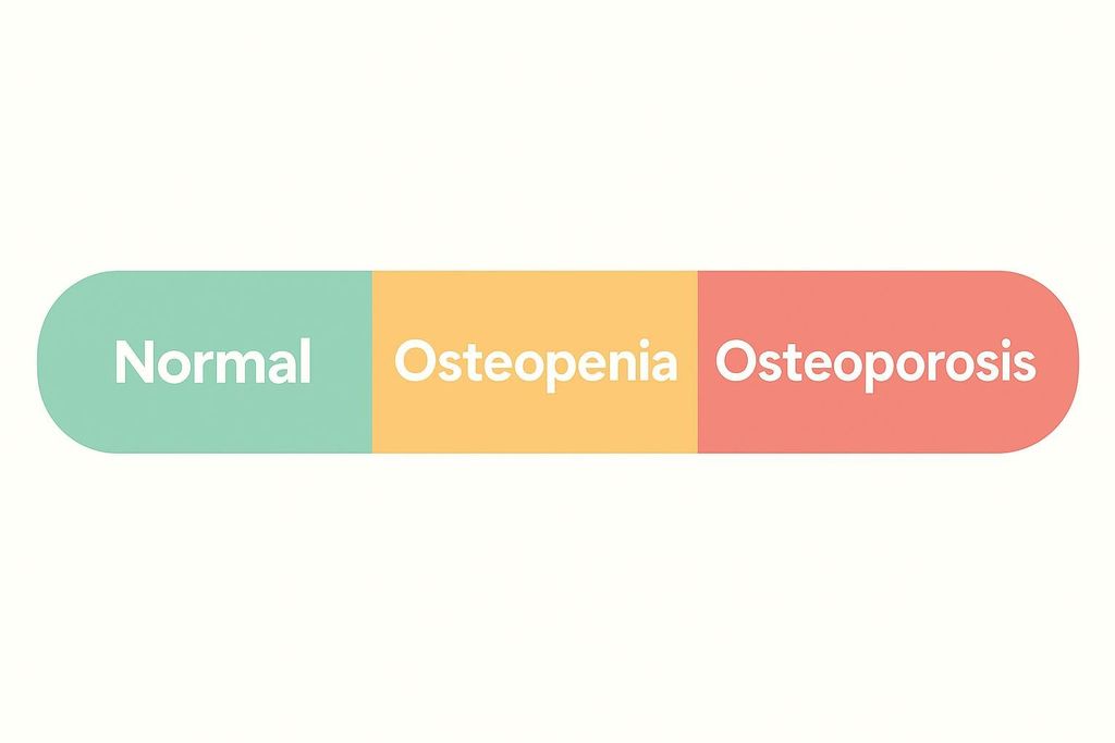 A horizontal spectrum showing normal bone density in green, osteopenia in yellow, and osteoporosis in red.
