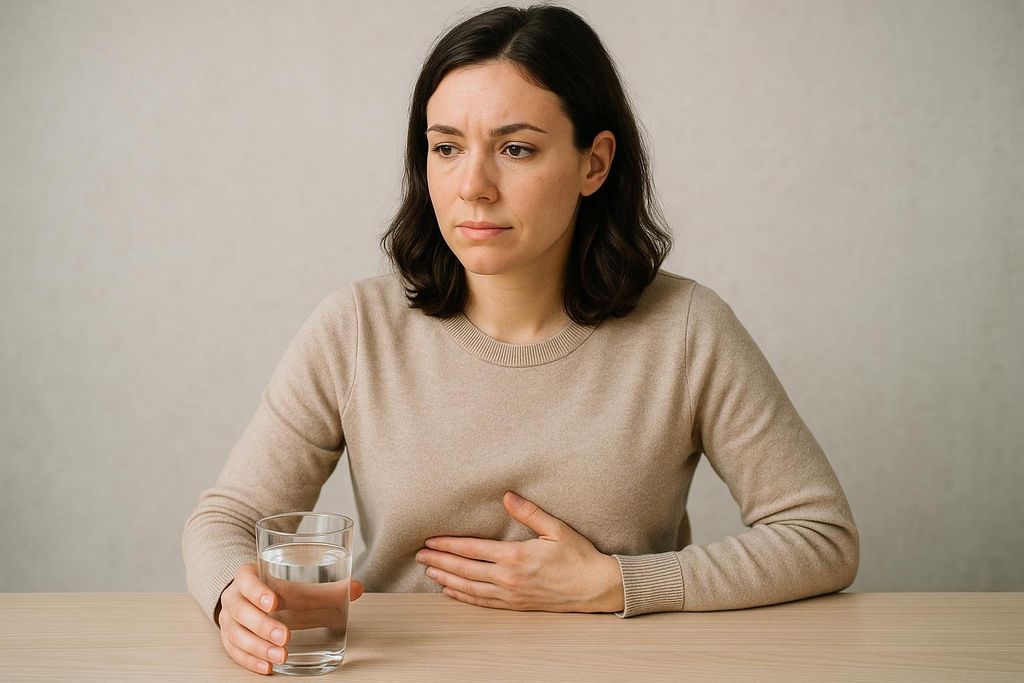 A woman with a pained expression holds her stomach with one hand and a glass of water with the other, indicating discomfort or illness.