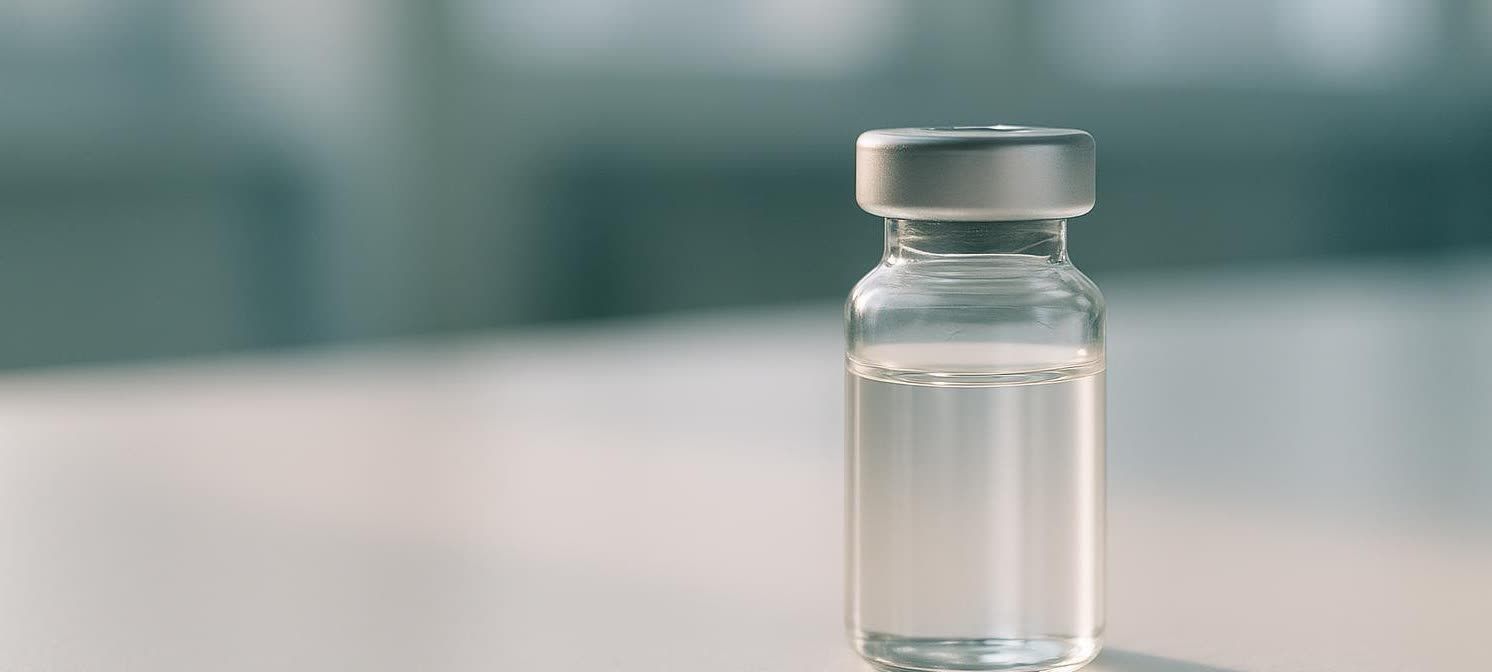 A clear glass medical vial filled with a transparent liquid, likely representing medication or a vaccine, with a silver cap, set against a soft, blurred background.