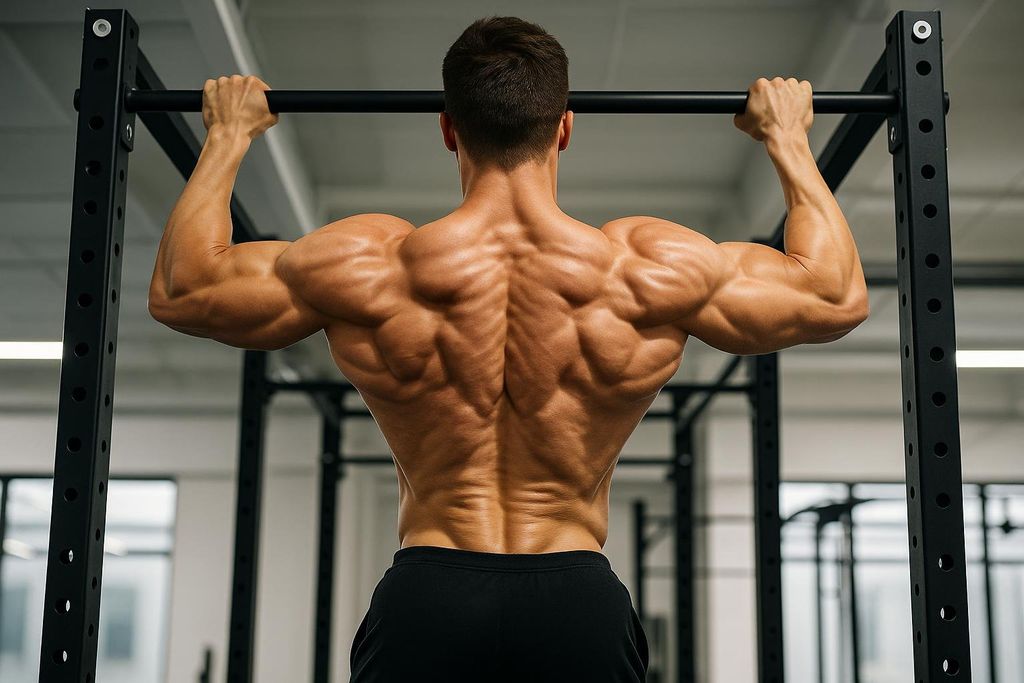 A muscular man seen from behind at the top of a pull-up, revealing well-defined back and arm muscles, particularly the latissimus dorsi.