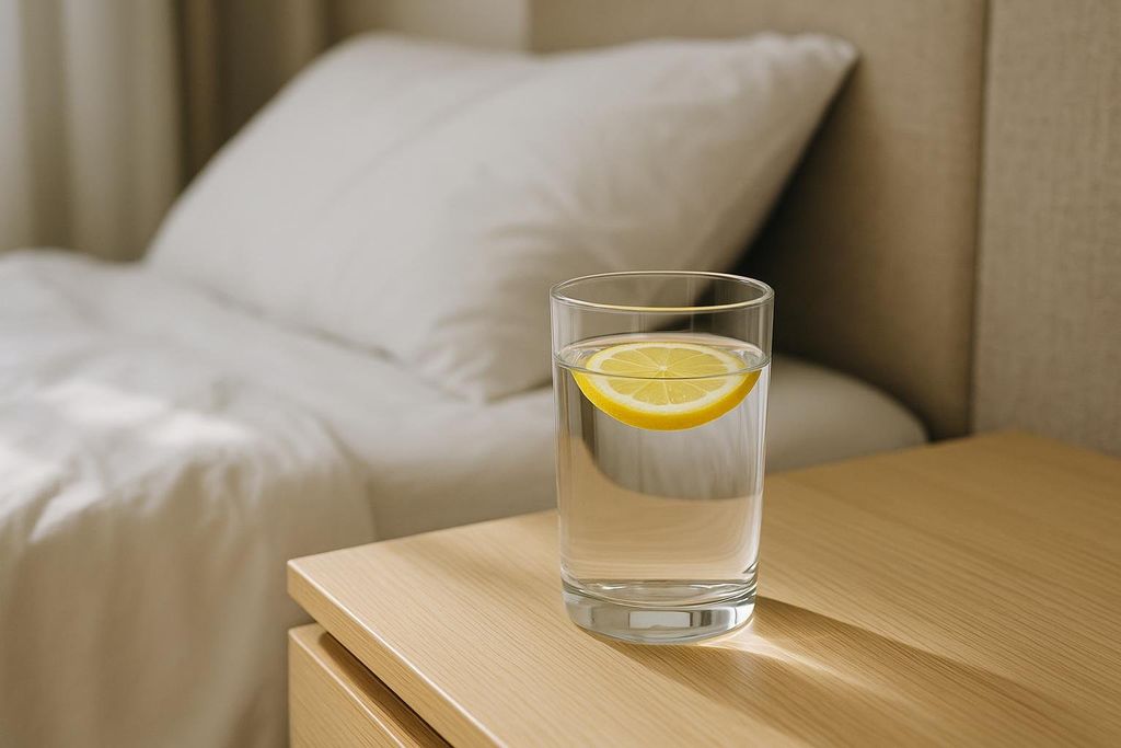 A clear glass of water with a slice of lemon floating in it, sitting on a light wooden nightstand next to a bed with white sheets and pillows.