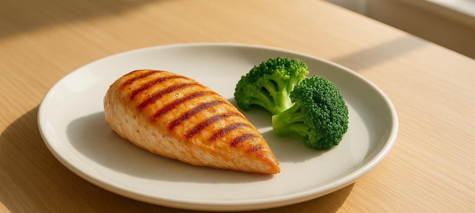 A close-up of a grilled chicken breast with visible grill marks, served alongside two florets of vibrant green broccoli on a white plate. This is a simple and healthy meal.