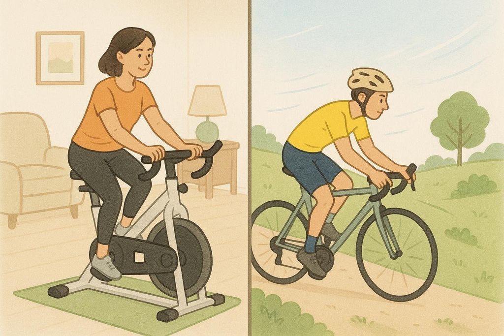 An illustration comparing an indoor stationary bike ride with an outdoor cycling session. The left side shows a woman on a stationary bike inside a room, while the right side shows a man riding a bicycle outdoors on a path, with a tree and bushes in the background.
