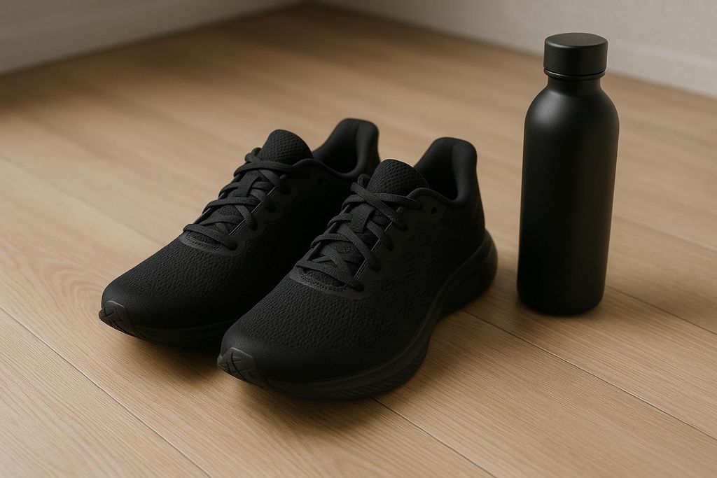 A pair of black running shoes and a black water bottle resting on a light wood floor. The shoes are on the left, angled towards the viewer, and the water bottle stands upright on the right.