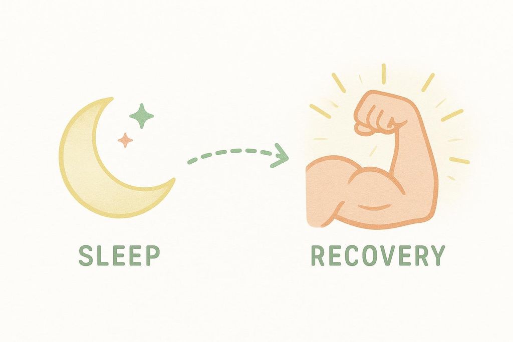 An illustration depicting a moon and stars on the left, labeled 'SLEEP', connected by a dashed arrow to a strong, flexing bicep with radiating lines on the right, labeled 'RECOVERY'. This visually represents the link between adequate sleep and muscle recovery.