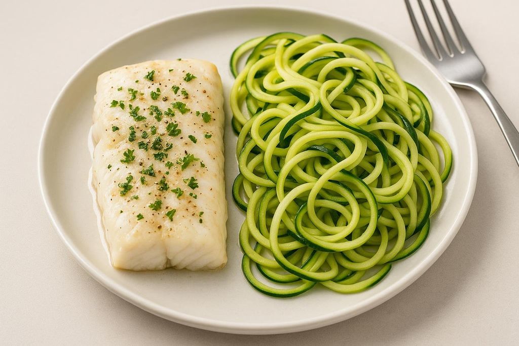 A plate featuring a serving of baked cod topped with parsley and a side of vibrant green zucchini noodles, with a fork visible in the corner.