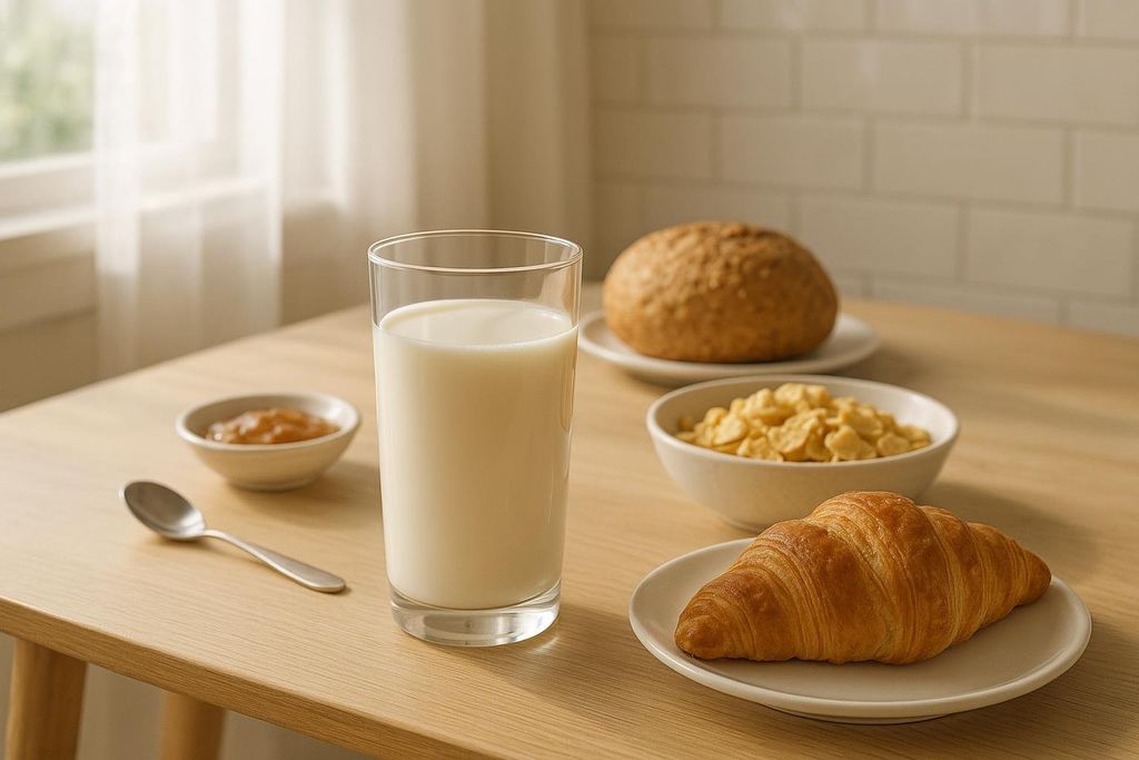 A breakfast setting on a wooden table featuring a glass of milk, a croissant on a plate, a bowl of cereal, a small dish of jam, and a bread roll in the background. Natural light comes from a window on the left.