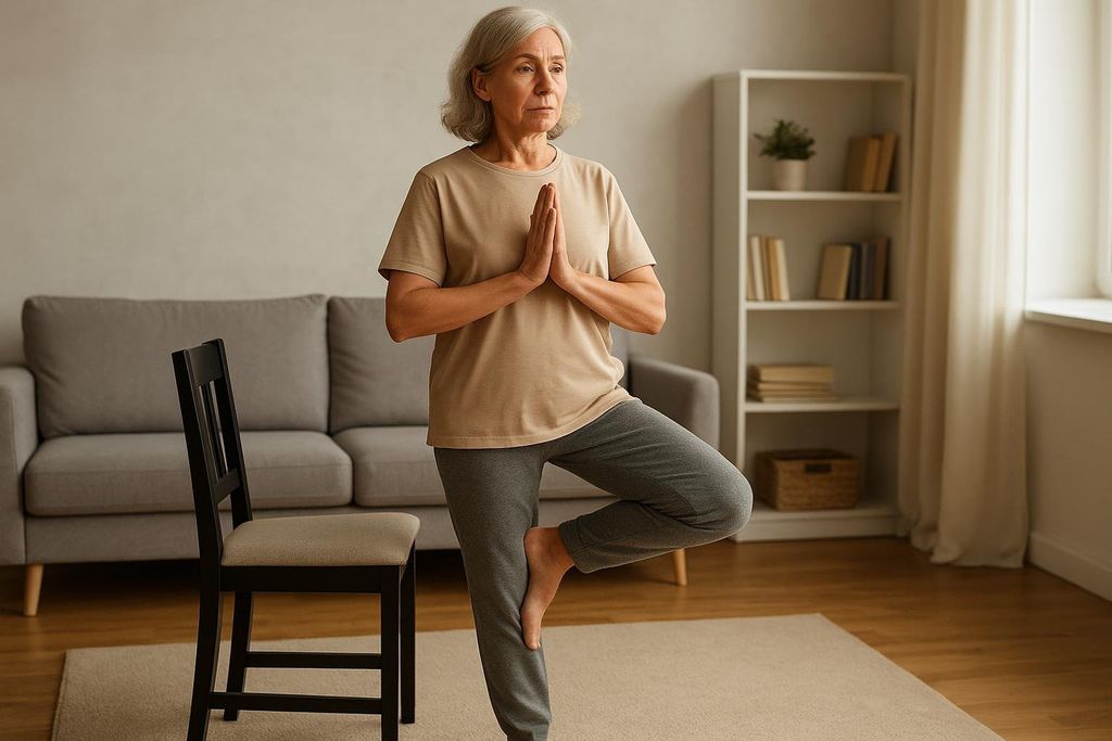 An older woman with grey hair practices a tree pose balance exercise at home, with her hands clasped in prayer position, and a chair nearby for support. She is wearing a beige t-shirt and grey sweatpants on a beige rug, with a grey couch and white bookshelf visible in the background.