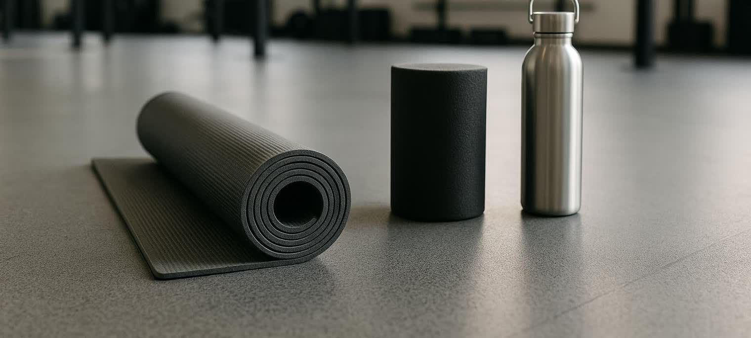 A yoga mat, foam roller, and water bottle arranged neatly on a gym floor.