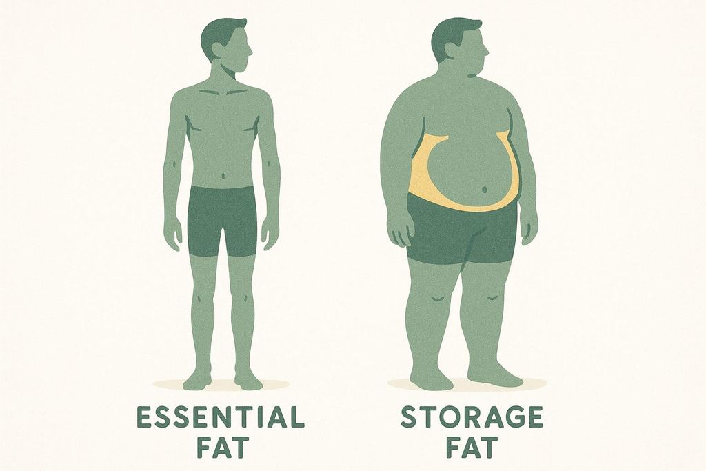 Illustration comparing two male silhouettes: one slim representing essential body fat, and one obese with a large belly representing excess storage fat.