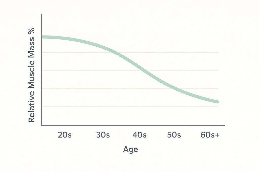 A simple line graph shows that relative muscle mass percentage in women gradually declines as they age, starting from their 30s and continuing into their 60s and beyond, after an initial plateau in their 20s.