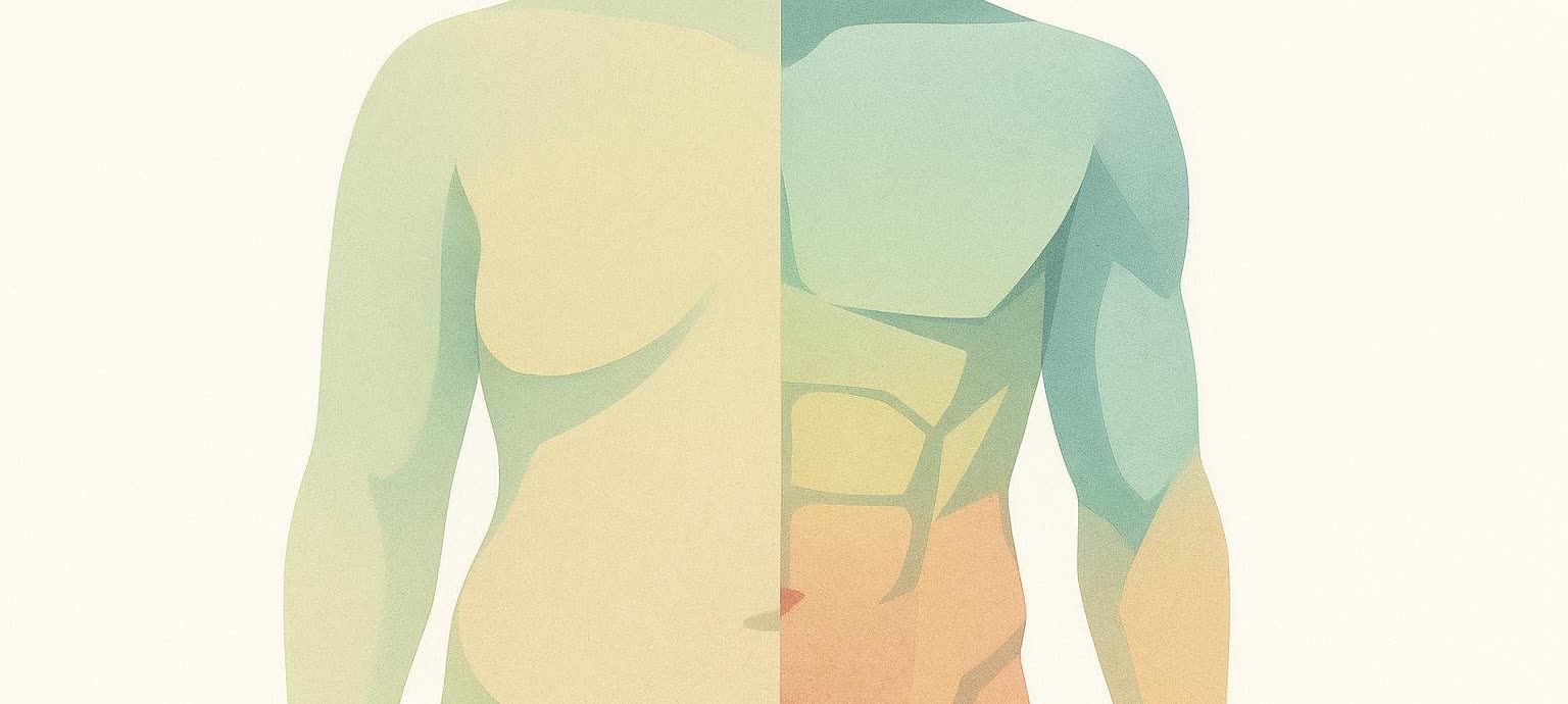 An abstract graphic illustrating a human torso before and after a body transformation. The left side shows a softer, less defined shape, while the right side displays a more muscular and toned physique with visible abs.