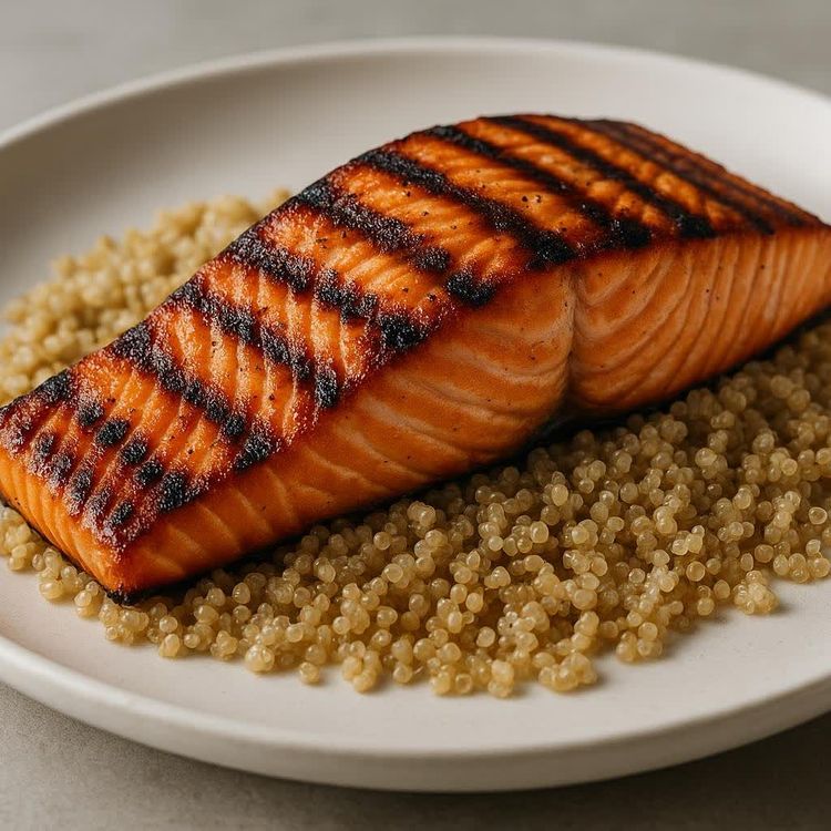 A close up of grilled salmon and quinoa on a white plate