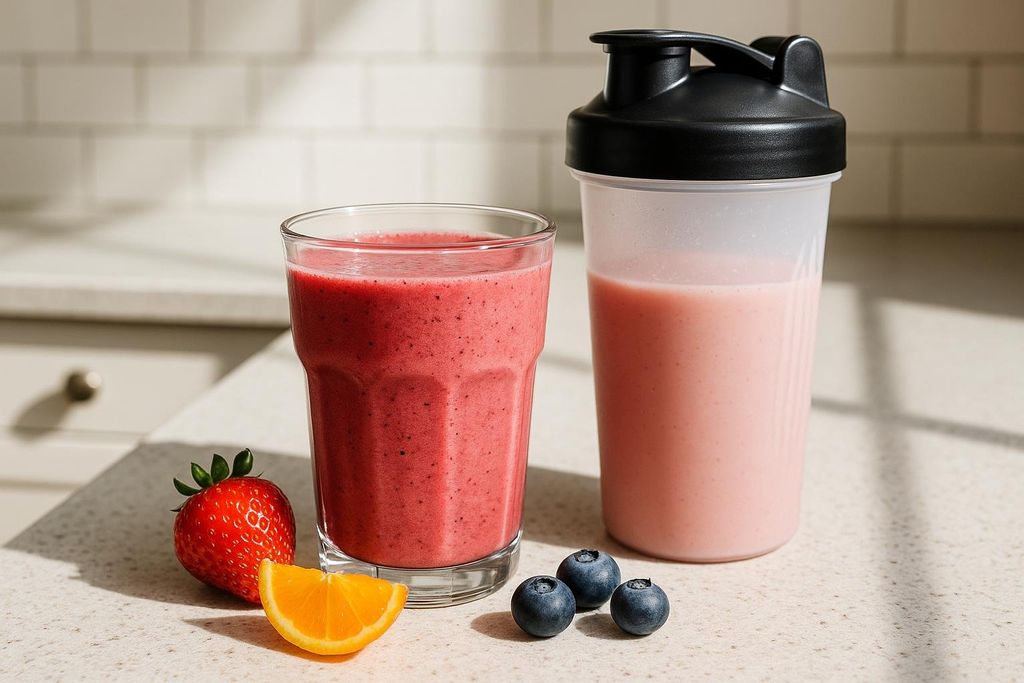 Two fruit smoothies, one red in a glass and one pink in a shaker cup, sit on a counter next to a strawberry, orange slice, and blueberries. Sunlight casts shadows on the counter.