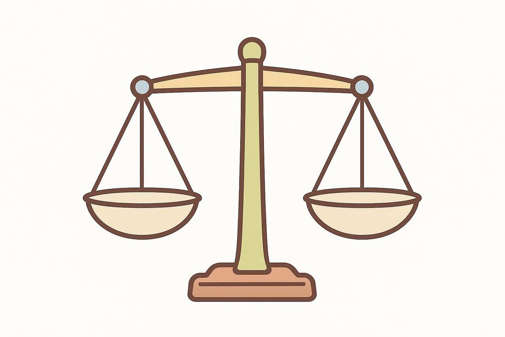 An illustration of a balance scale with two empty pans, symbolizing comparison, equality, or justice. The scale is colored with muted creams, yellows, and browns.