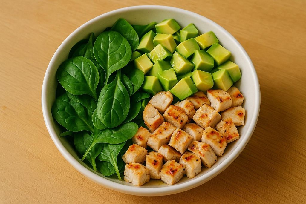A white bowl containing fresh spinach leaves, diced avocado, and cubed grilled chicken, arranged side by side on a wooden surface.