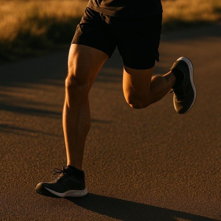 Close-up of a runner's legs in black shorts and dark running shoes on an outdoor path during golden hour, with warm sunlight highlighting the muscles.