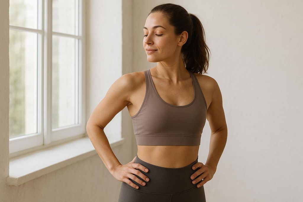 A woman with her eyes closed and a relaxed expression stands with her hands on her hips, wearing a light brown sports bra and dark grey leggings. Her hair is pulled back in a ponytail, and a window is visible in the background to her left.