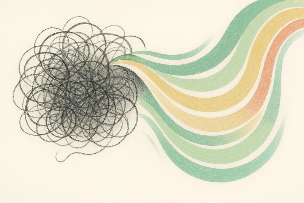 Abstract art showing a transition from a dense tangle of chaotic dark lines into smooth, flowing, colored bands of green, yellow, and orange, symbolizing a shift from distraction to calm.