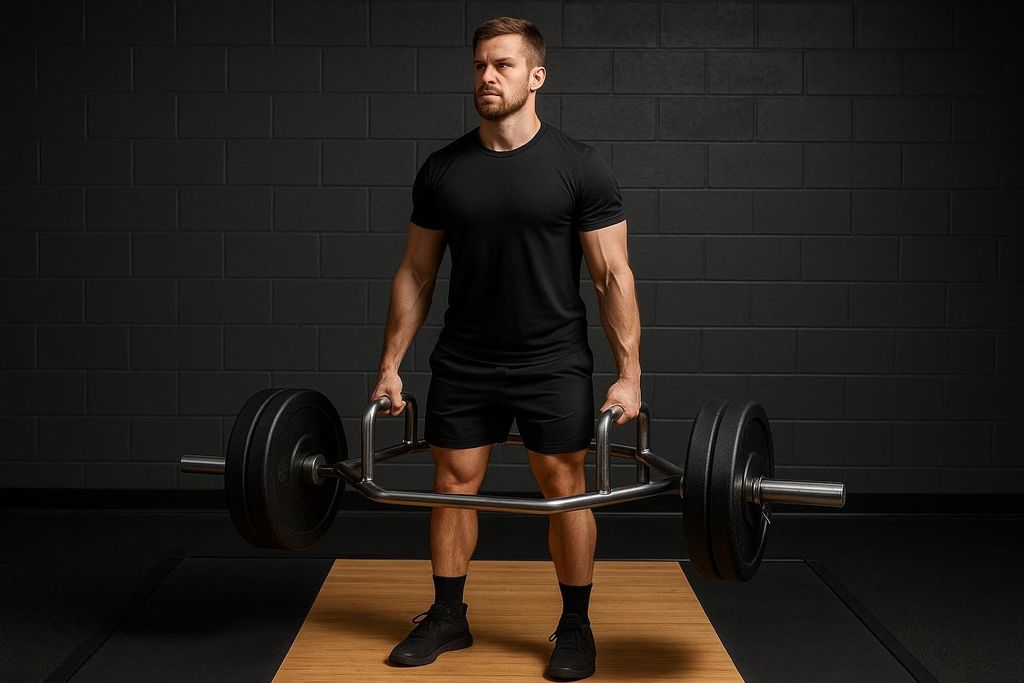 A male athlete stands with a trap bar loaded with weights, hands gripping the handles, preparing to perform a deadlift. He is wearing a black t-shirt and shorts, standing on a wooden platform in a gym with a dark brick wall background.