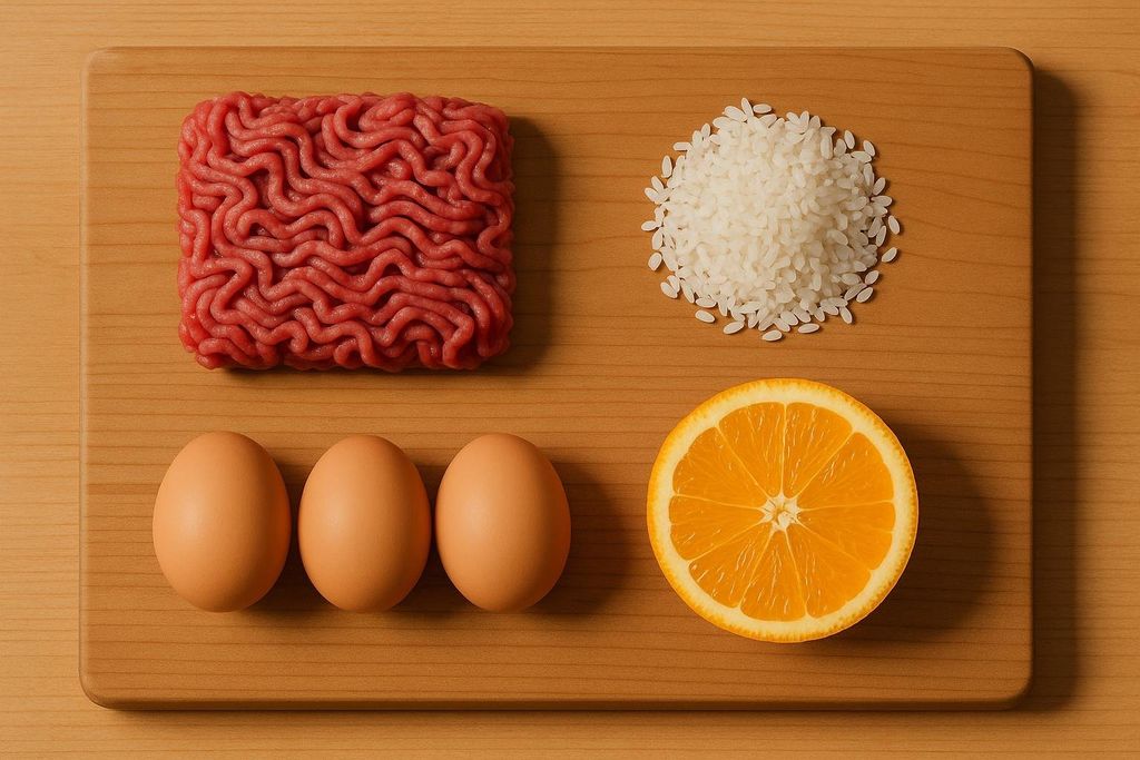 An overhead shot of raw ingredients arranged on a wooden cutting board: ground beef, a pile of white rice, three brown eggs, and a halved orange showing its segments.
