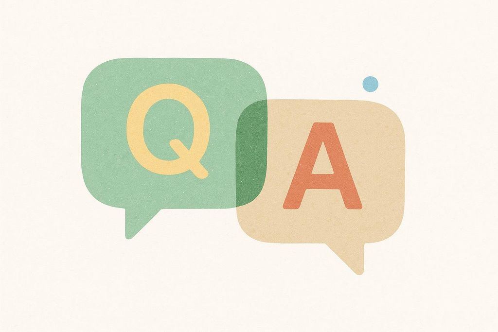 Two overlapping conversation bubbles. The left bubble is green with a yellow 'Q' inside, and the right bubble is orange with a red 'A' inside, representing 'Questions and Answers'.