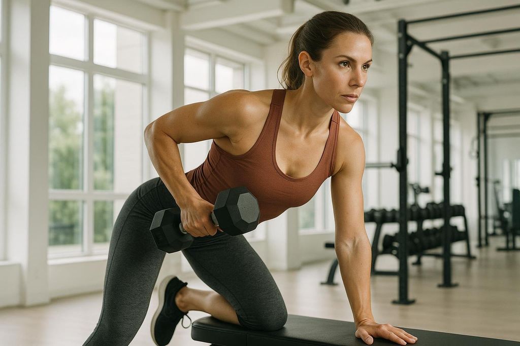 A focused woman in a gym, wearing a rust-colored tank top and dark leggings, performs a dumbbell row with her left arm. She is kneeling on her right knee on a black weight bench, with her right hand supporting her on the bench. Her muscles are toned, especially in her arms and back, and she has a determined expression.