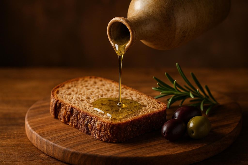 Close-up of extra-virgin olive oil being poured from an earthenware cruet onto a slice of whole wheat bread, which rests on a wooden board alongside a sprig of rosemary and a few olives. The background is a dark, rustic wooden surface.