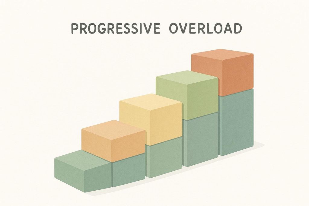 An illustration showing stacked blocks of increasing height, forming a staircase pattern from left to right, representing the concept of progressive overload. The text 'PROGRESSIVE OVERLOAD' is at the top of the image.