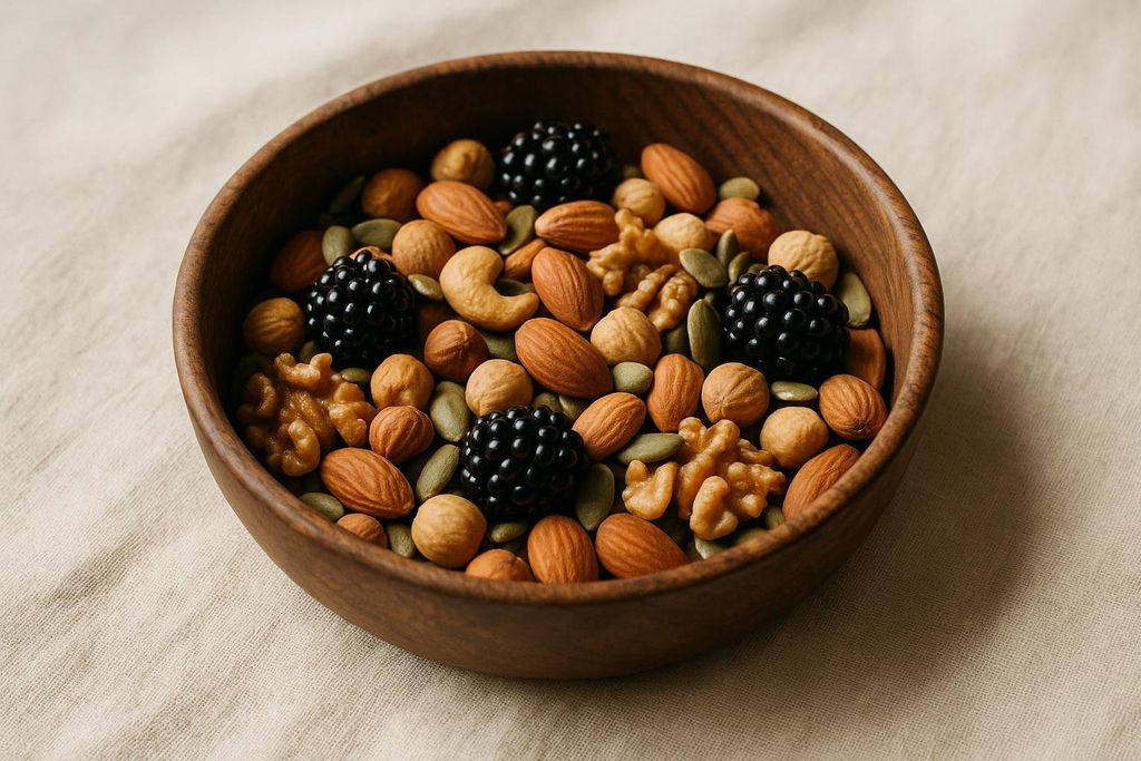 A close-up shot of a wooden bowl filled with a mix of walnuts, cashews, almonds, pumpkin seeds, and several blackberries, arranged on a light-colored fabric surface.