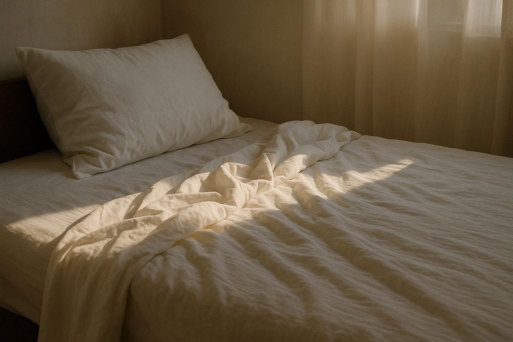 An empty, warmly lit bed with soft creases in the duvet, suggesting comfort and the importance of deep sleep. Sunlight creates a soft glow across the bedding.