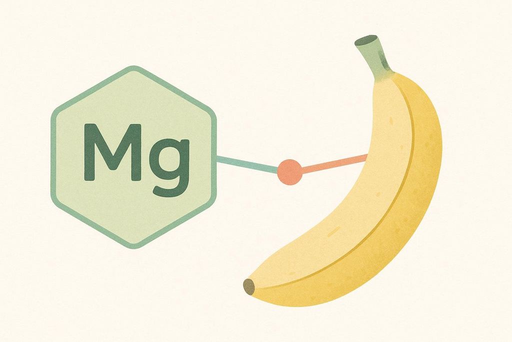An icon illustrating the synergy between magnesium (represented by 'Mg' in a hexagon) and potassium (represented by a banana), connected by lines and a dot.