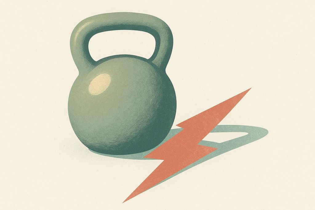 An illustration of a green kettlebell on a light background, with a red lightning bolt providing a shadow, symbolizing speed or power. The art style is textured and slightly retro.