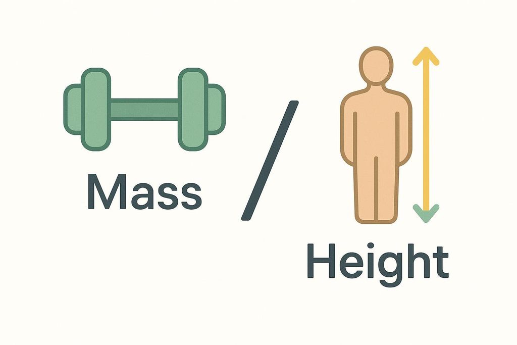 An illustration showing a green dumbbell labeled 'Mass' divided by a stick figure with a height arrow labeled 'Height'. This visual represents the concept of mass divided by height, often used in calculations like BMI.