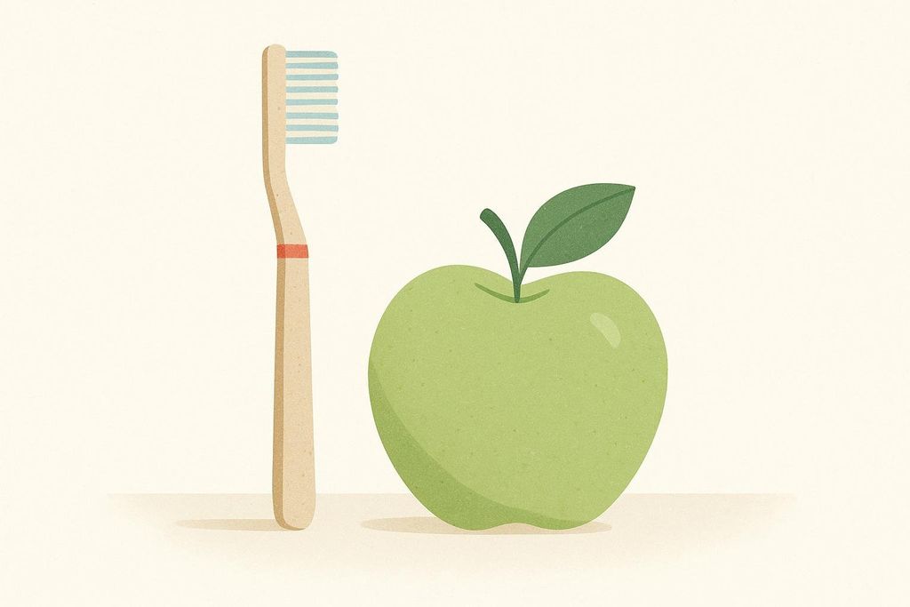 A simple illustration showing a bamboo toothbrush with light blue bristles next to a green apple with a dark green leaf. This symbolizes the connection between diet and dental health.