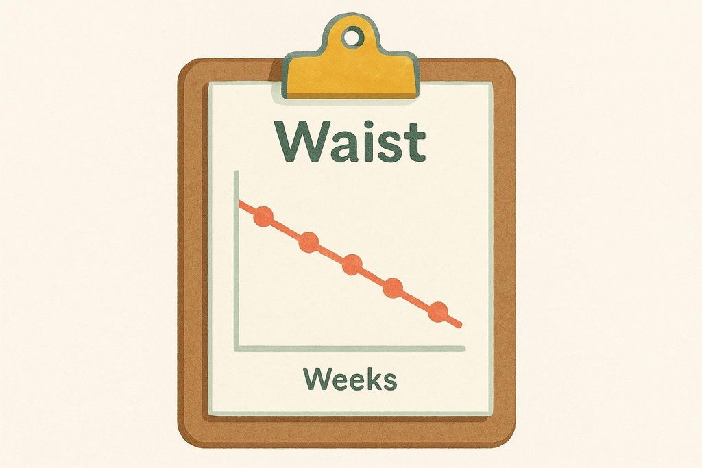 An illustration of a progress log on a clipboard, graphing 'Waist' measurements over 'Weeks' with a downward trend, indicating a decrease in waist size over time.
