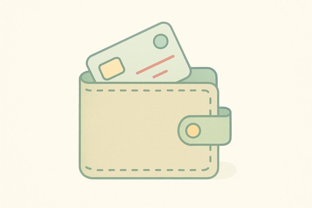 An illustration of a light green wallet with a light blue payment card protruding from it. The card has a rectangular chip and two red lines, and both the wallet and card have a dashed outline pattern.