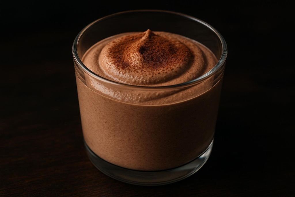 A clear glass filled with smooth, light brown chocolate mousse, topped with a dusting of cocoa powder, set against a dark background.